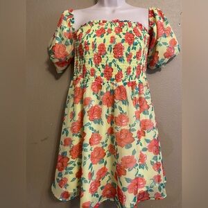Betsy Johnson Size M Off Shoulder Puffy Sleeve Yellow Floral Lined Dress